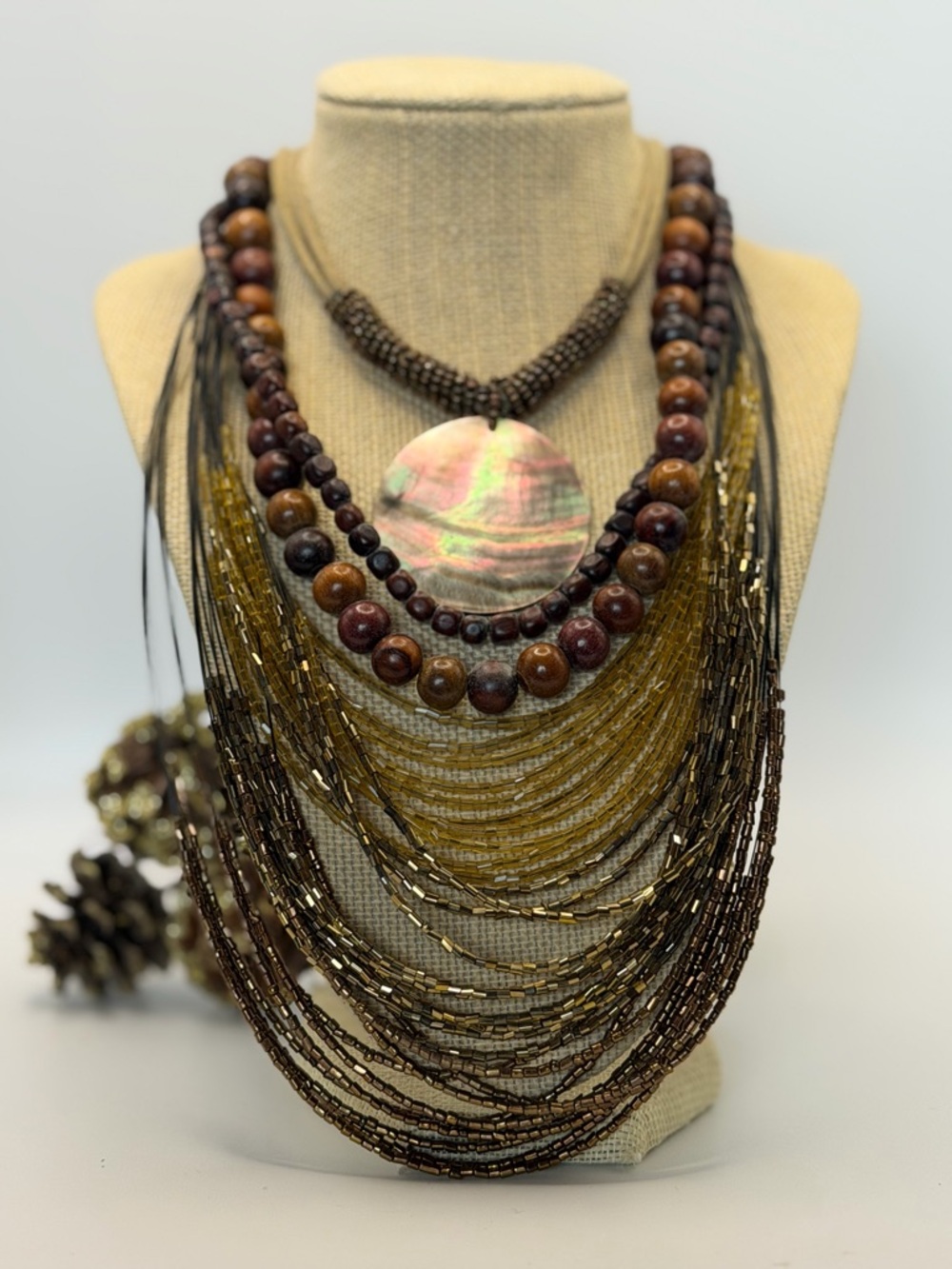 Boho Tribal Multi-Strand Brown and Gold Beaded Statement Necklace Bundle of 3